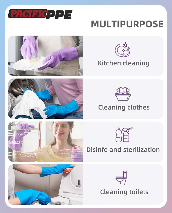 PACIFIC PPE 4 Pairs Reusable Dishwashing Cleaning Gloves, Household, Kitchen, Cotton Liner, Blue, Small