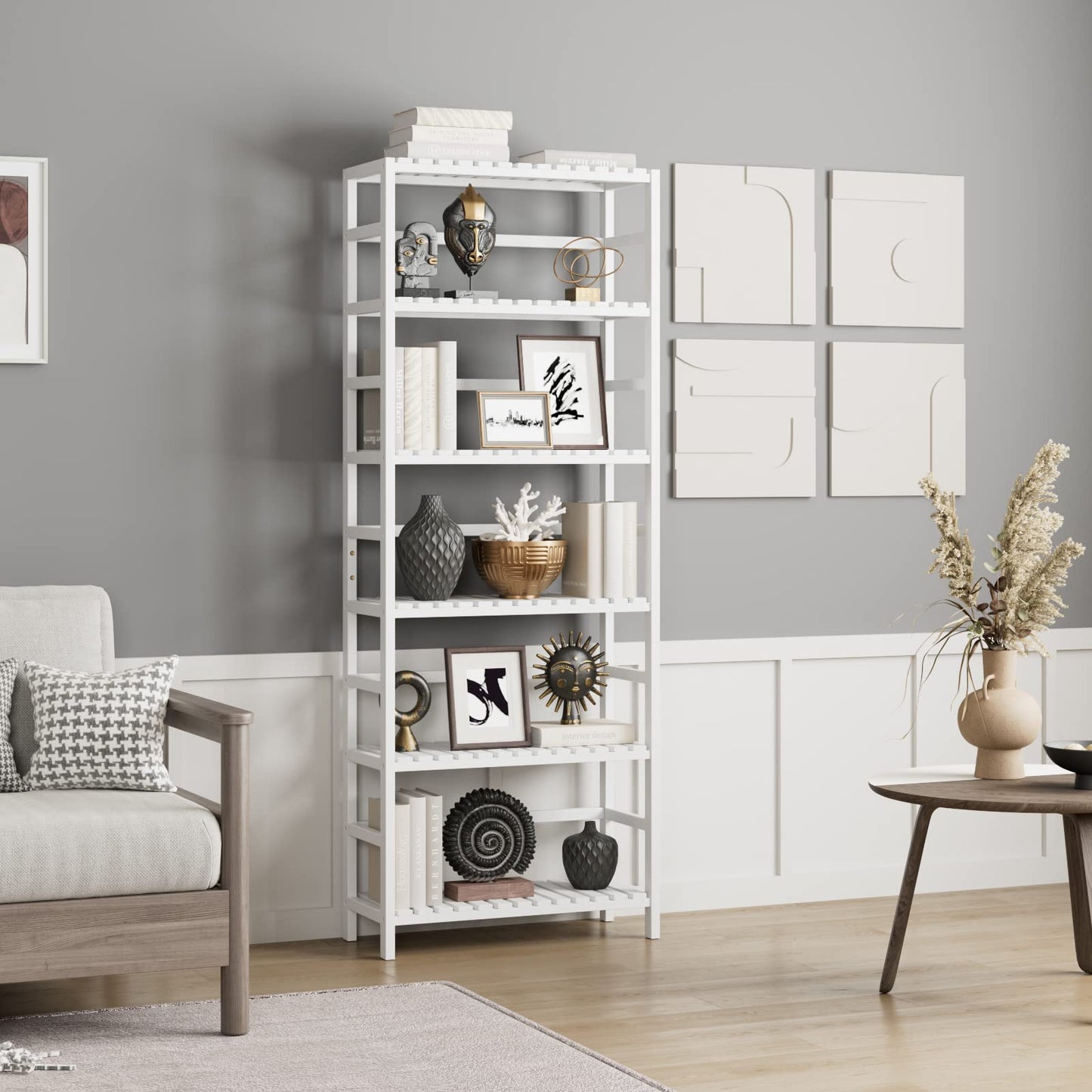 Bamjoy Bamboo Shelf, 6 Tier Bookcase Storage Shelves, Tall Book Rack Shelving Unit, Multipurpose Storage Display Shelf Adjustable Storage Rack for Bathroom Home Office Living Room Kitchen, White