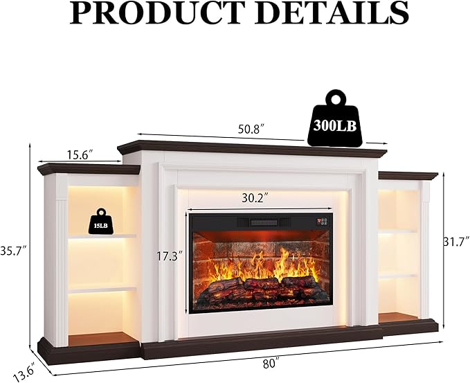 80" LED Lights Electric Fireplace