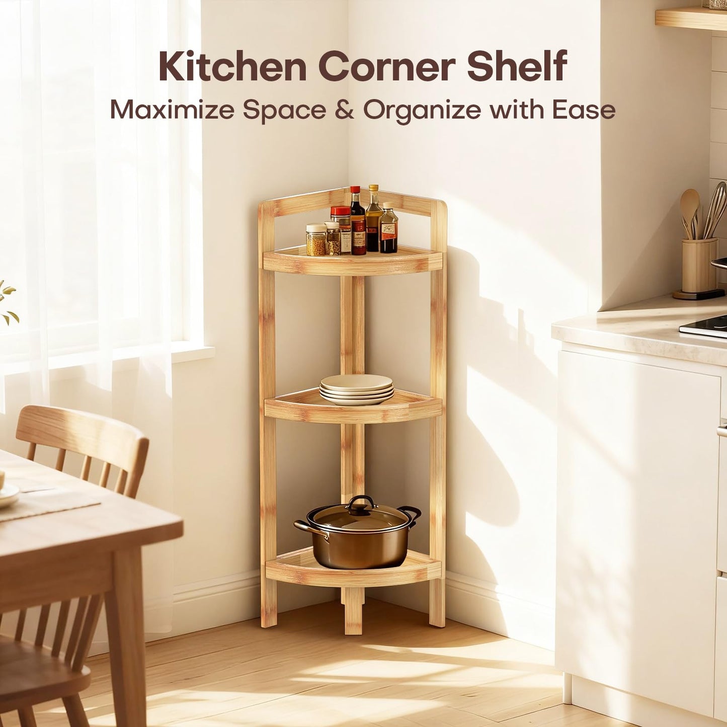 2026 New Bamboo Standing Shelf, 3 Tier Corner Shelf Stand, Free-Standing Shelf Units, Triangular Curved Corner Shelf Stand for Space-Saaving Display Ideal for Bathroom/Kitchen/Living Room Storage