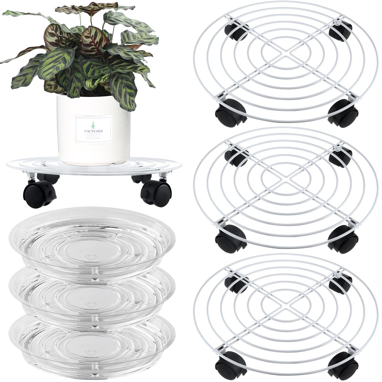 Planterhoma 3 Packs Large Metal Plant Caddy 13.8 Inches Plant Dolly with Wheels Heavy Duty Iron Rolling Plant Stand with Casters for Indoor and Outdoor Plant Pot Rollers White, 3-pack Plant Saucers