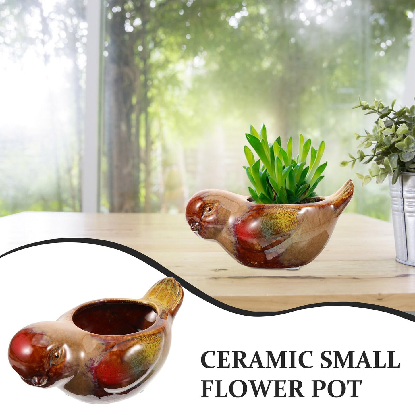 Levemolo Ceramic Succulent Planter Pot with Bird Motif for Indoor and Outdoor Balcony Gardening, Glazed Pottery Bowl Planter for Succulents and Small Plants