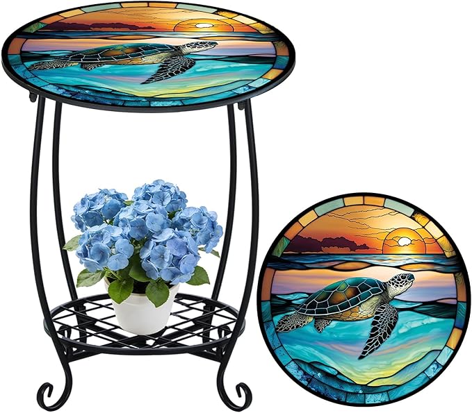 Cinnvoice Outdoor Side Table Round Small Mosaic Patio Accent Indoor End Plant