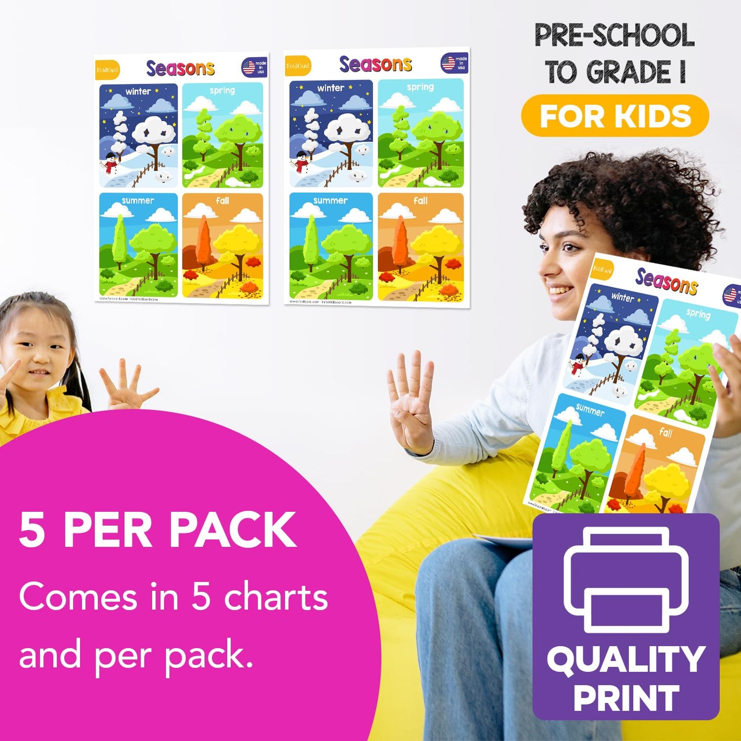 Educational Charts for Preschool to Grade 1 – Bright and Colorful Educational Visual / Learning Aid Wall Art Poster for Classroom or Home | Glossy Durable Cardstock | 8.5" x 11" | 5 per Pack (Seasons)