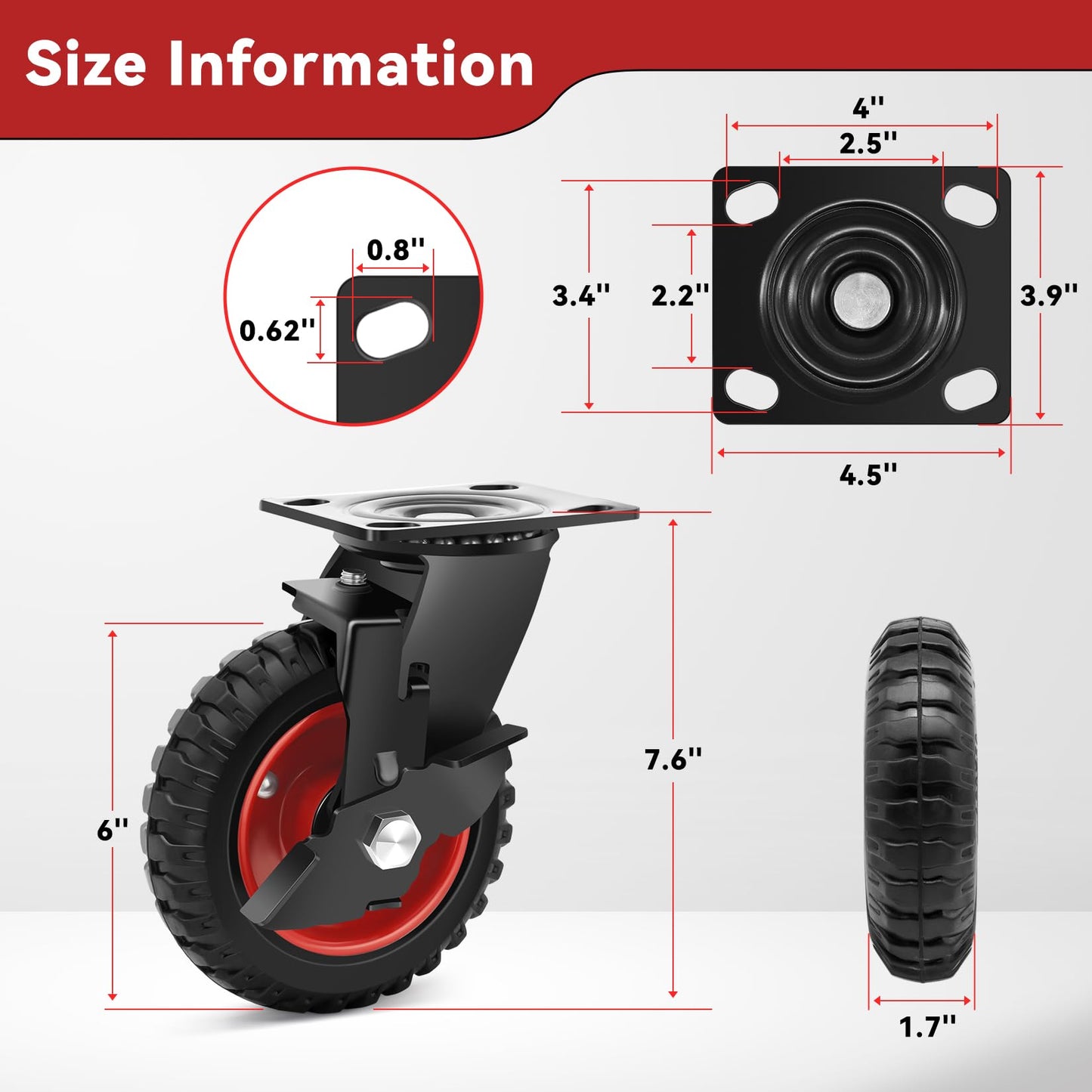 Nefish 6 Inch Heavy Duty Casters Wheels, Premium Rubber Outdoor Casters Wheels, Industrial Grade Rubber Castors with Knobby Tread for Dolly 1800 LBS, Industrial and Chicken Coop (2 Brake & 2 Rigid)