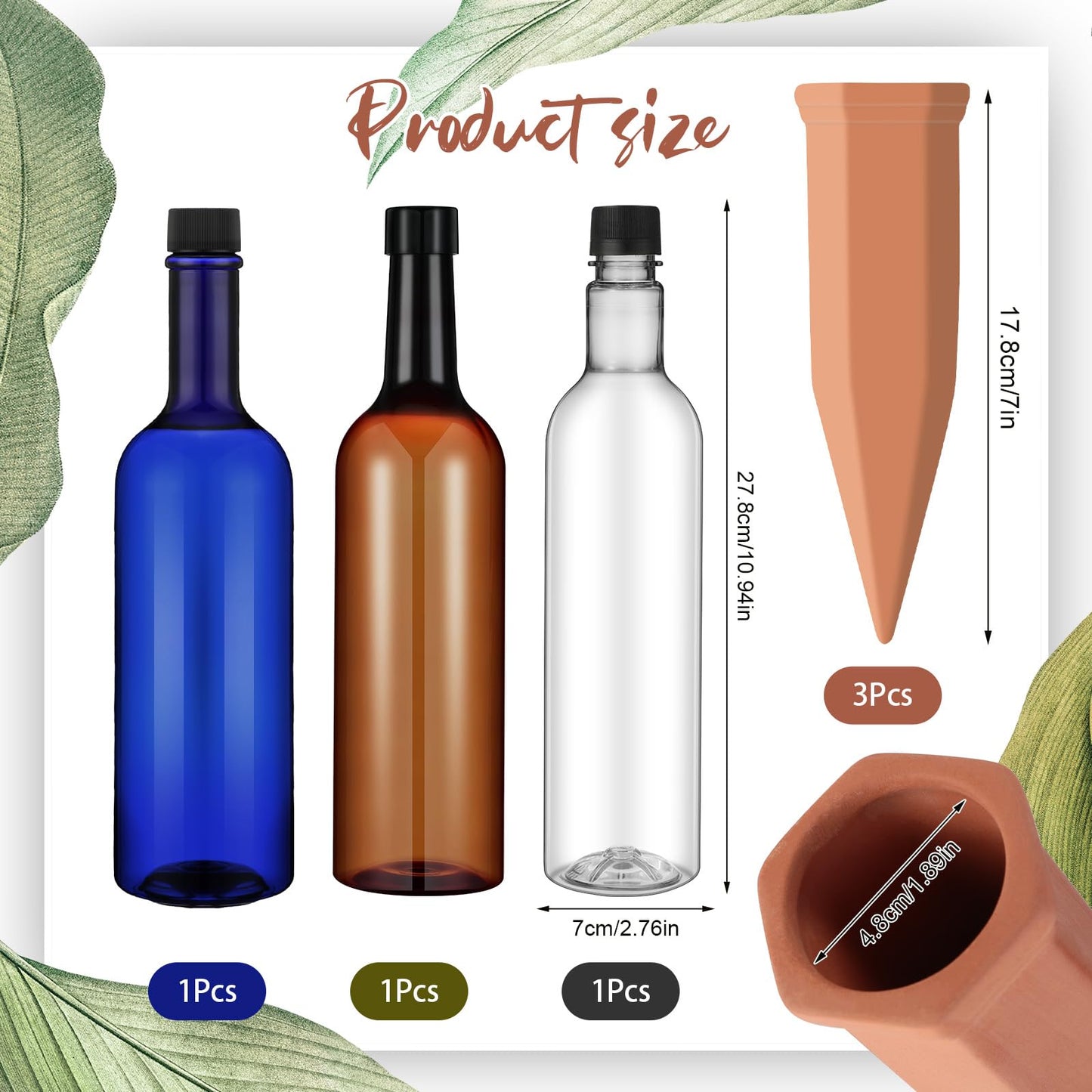 SiliFine 3 Sets Plant Watering Devices Include Terracotta Self Watering Spikes and 26 oz Plastic Bottles, Slow Release Vacation Insert Automatic Plant Waterer Device (Blue Clear Brown and Terracotta)
