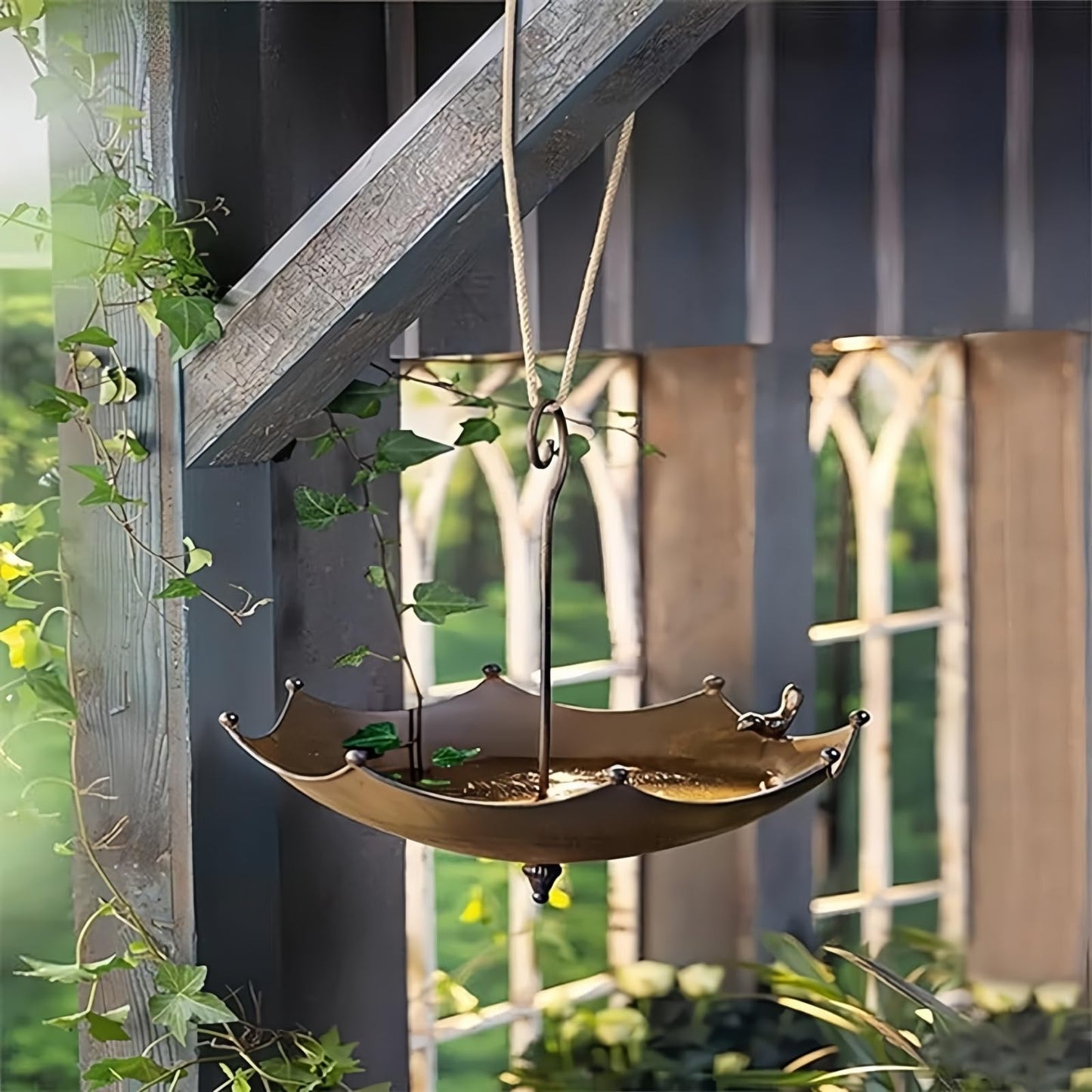 Hanging Bird Feeder Tray Bird Bath for Outdoors, Umbrella Shaped Wild Bird Feeders Tray for Bath, Hummingbird Feeder for Outside, Metal and Water Bowl, Garden Backyard Decor, Brown