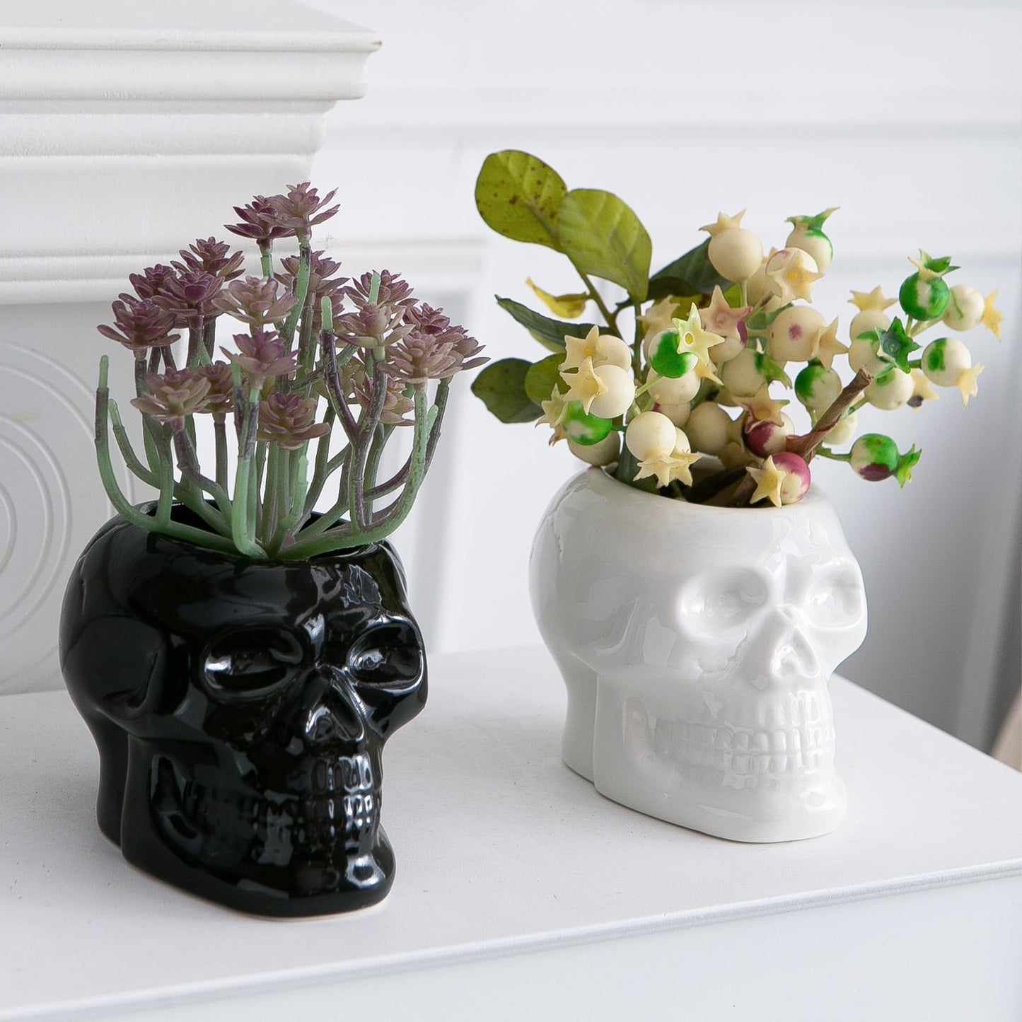 Tanvecle 2 Pcs Skull Planter Pots, Skeleton Vase/Bowl for Flowers, Succulent, Cactus and Candy, for Gothic Home Office Desk, Halloween and Day of The Dead Decorations - White and Black