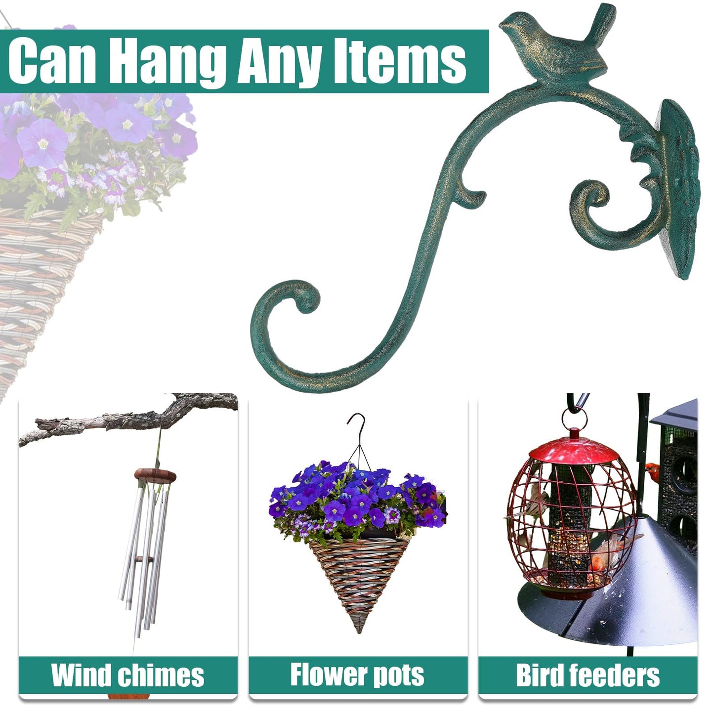 Moxweyeni 2 Pcs Cast Iron Plant Hangers Outdoor 10" Heavy Duty Hanging Basket Brackets Lovely Bird Shape Decorative Wall Hangers for Flower Pots Bird Feeder Wind Chime Lantern(Golden Green)
