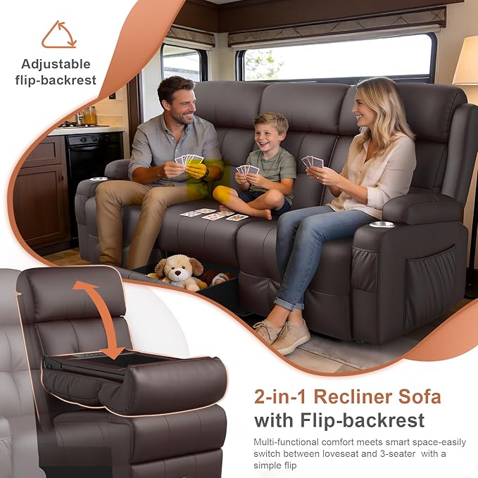 RV Loveseat Recliner Sofa, Built-in Power Strip, Massage Wall Hugger 3-Seater