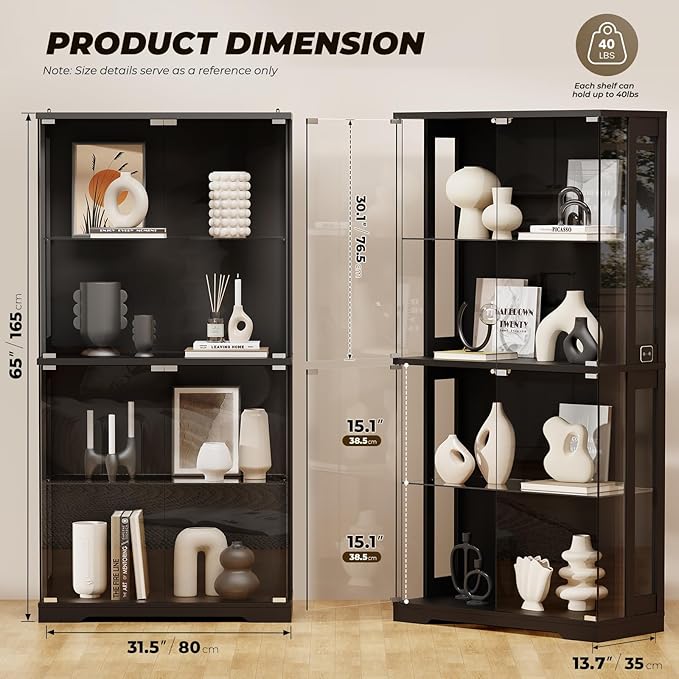 BROTTAR Display Cabinet with Glass Doors, 4-Tier Curio Cabinet with Transparent
