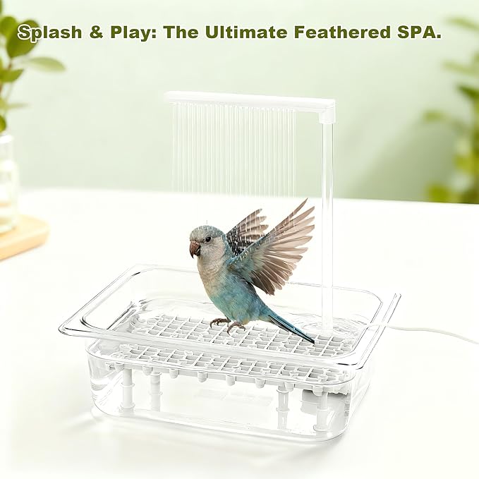 Bird Bath Tub with USB Pump, Automatic Bird Shower with Transparent Acrylic Basin, Transparent Acrylic Basin & Mesh Perch for Parakeets, Cockatiels, Conures, Budgies