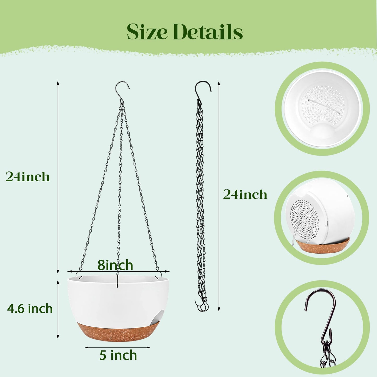 zople Set of 2-8 Inch Self Watering Hanging Planters for Indoor Outdoor，Hanging Plant Pots with Drainage & Removable Tray, Hanging Pots Holder for Ivy, Pothos, Ferns, Balcony & Patio, White Brown