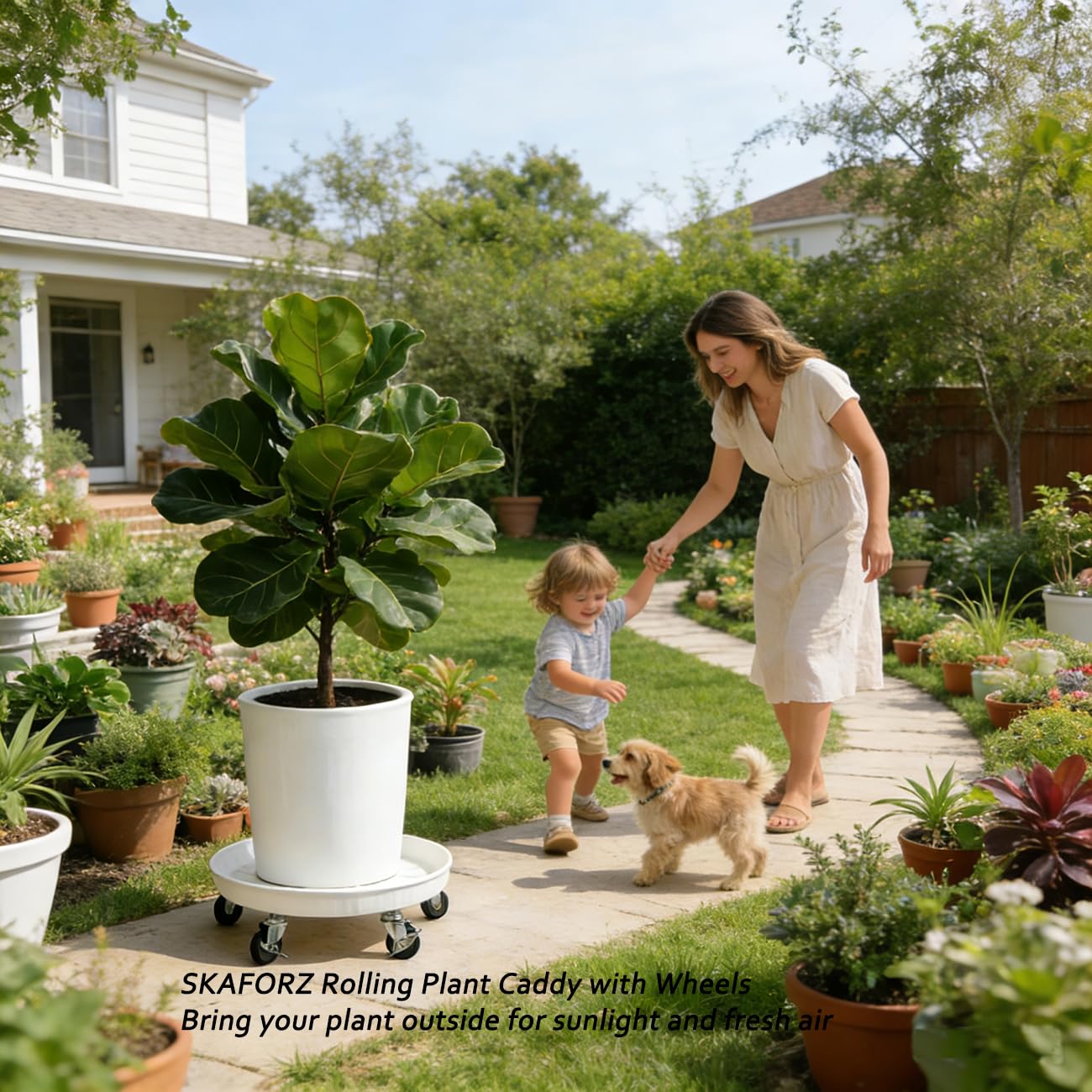 SKAFORZ Rolling Planter Caddy(430lbs Capacity), Heavy Duty Metal Plant Stand with Brake Wheels Plant Dolly Mover Plant Pot Tray Saucer for Indoor Outdoor 16 Inches White 2Pack