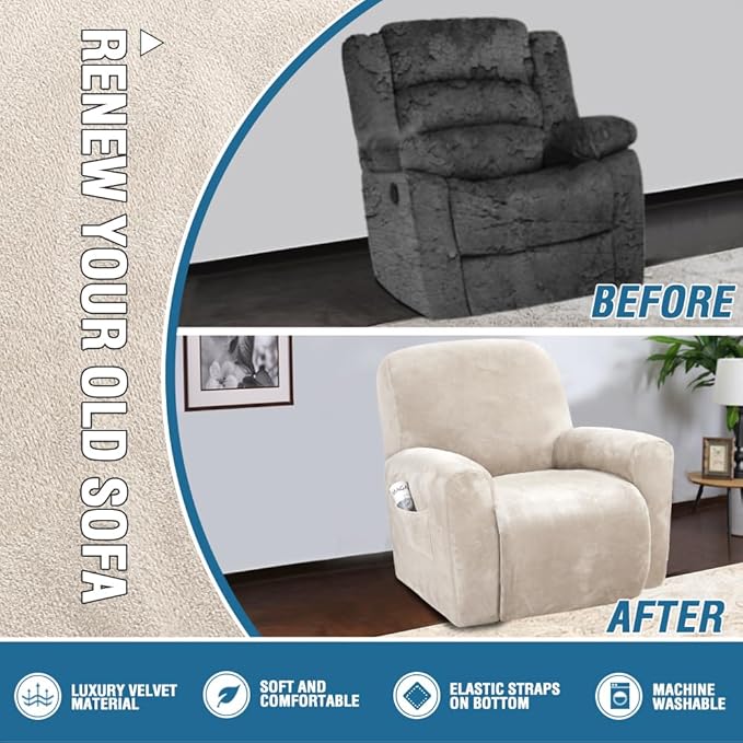 H.VERSAILTEX Velvet Stretch Recliner Couch Covers 4-Pieces Style Recliner Chair