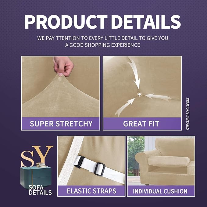 ZNSAYOTX Luxury Velvet Couch Cover 4 Piece Stretch Sofa Covers