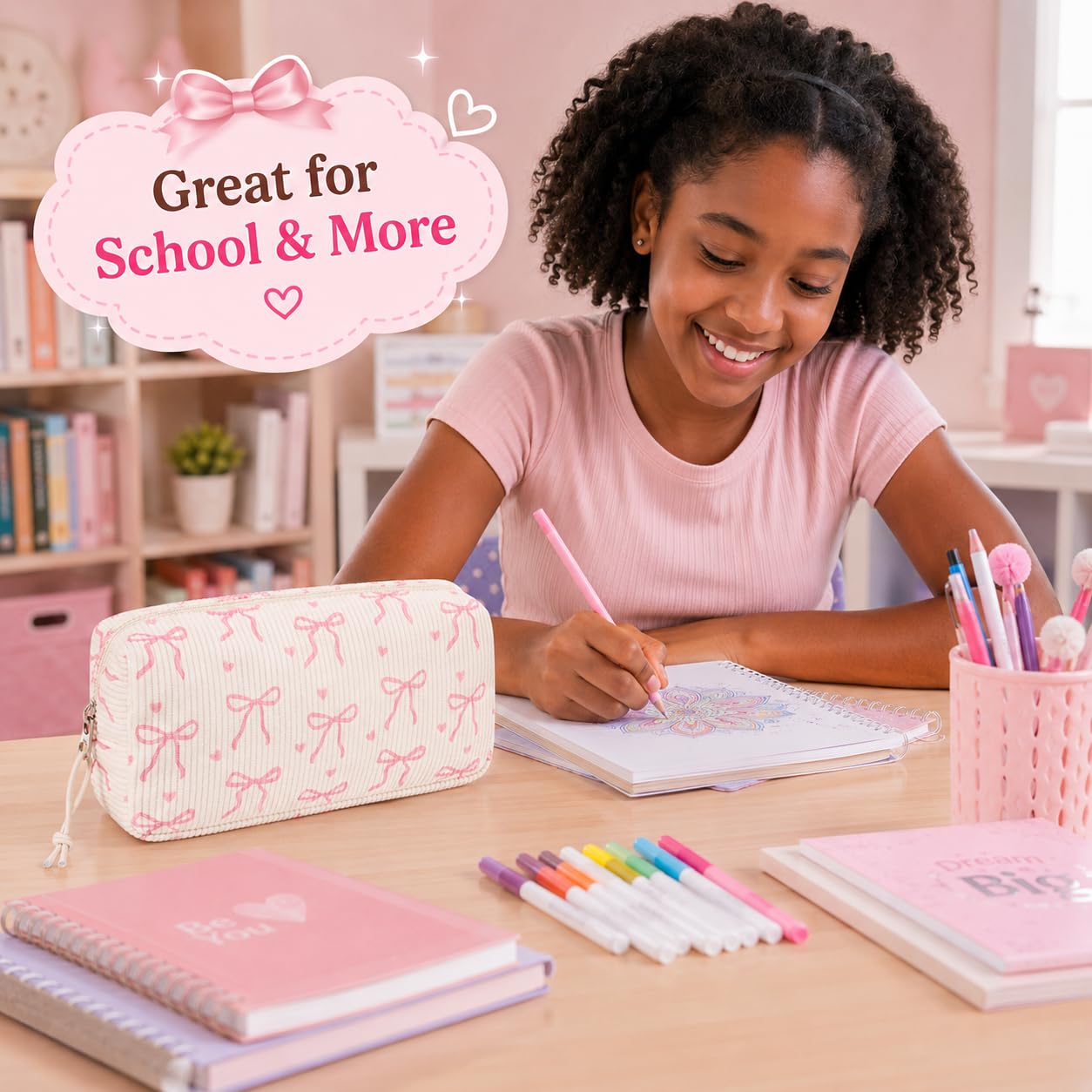 LEDAOU Cute Pencil Case for Kids Girls Boys Pencil Pouch kawaii Pen Pencil Box Bag Holder for School Students (Corduroy Pink Bow)