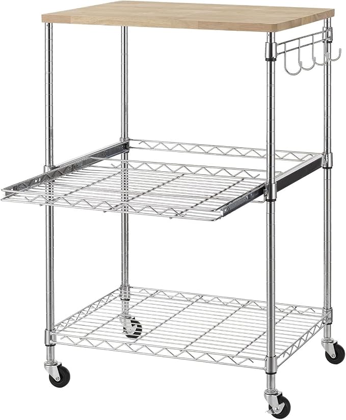 Finnhomy 3-Tier Rolling Kitchen Cart, Microwave Cart with Oak Wood Tabletop and Drawer Slider, Coffee Cart & Food Service Cart with Hooks, Chrome