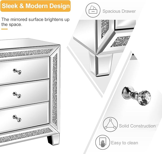 VINGLI Mirrored Nightstands Set of 2, Modern Bedside Table 3 Drawer Glass Side