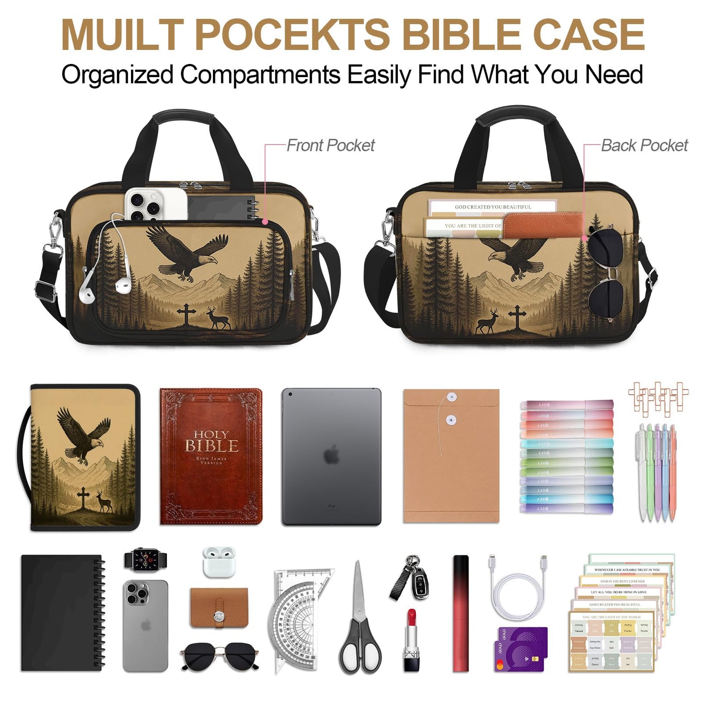 IBOVODI Eagle Large Bible Bag with Bible Cover Case for Men Women, Church Bag Book Carrying Case w/Shoulder Strap Handle Zipper Pocket, Bible Study Supplies Journaling Kit Accessories Christian Gift