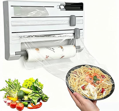 6-in-1 Wall Mounted Plastic Wrap&Foil Dispenser with Cutter–PP Kitchen Organizer w/Paper Towel, Tape, Bag&Small Tray, No Drill/Screw Mount White-Aluminum Foil Rack Organizer&Organizer Foil Cling Wrap