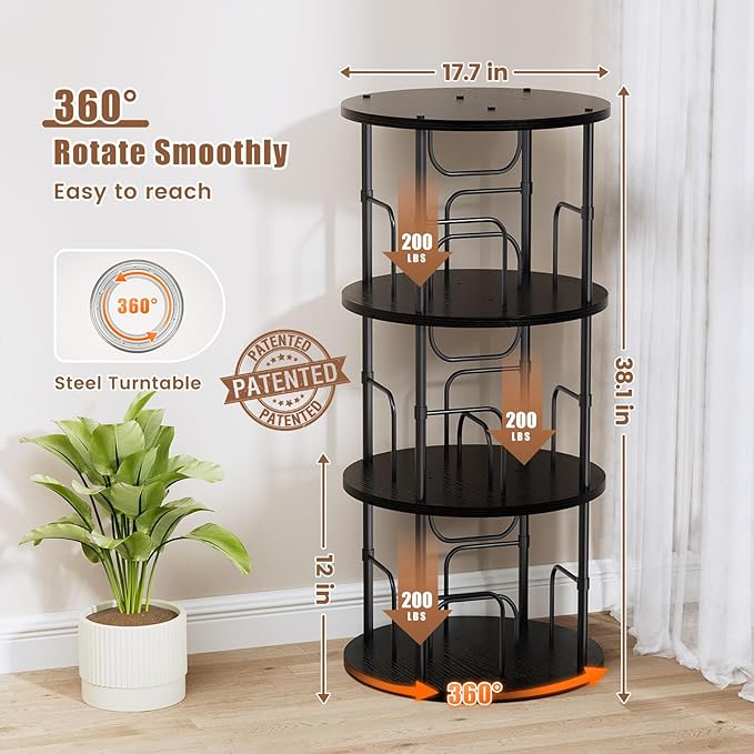 ALLSTAND Rotating Bookshelf, 3 Tier Round Revolving Bookcase