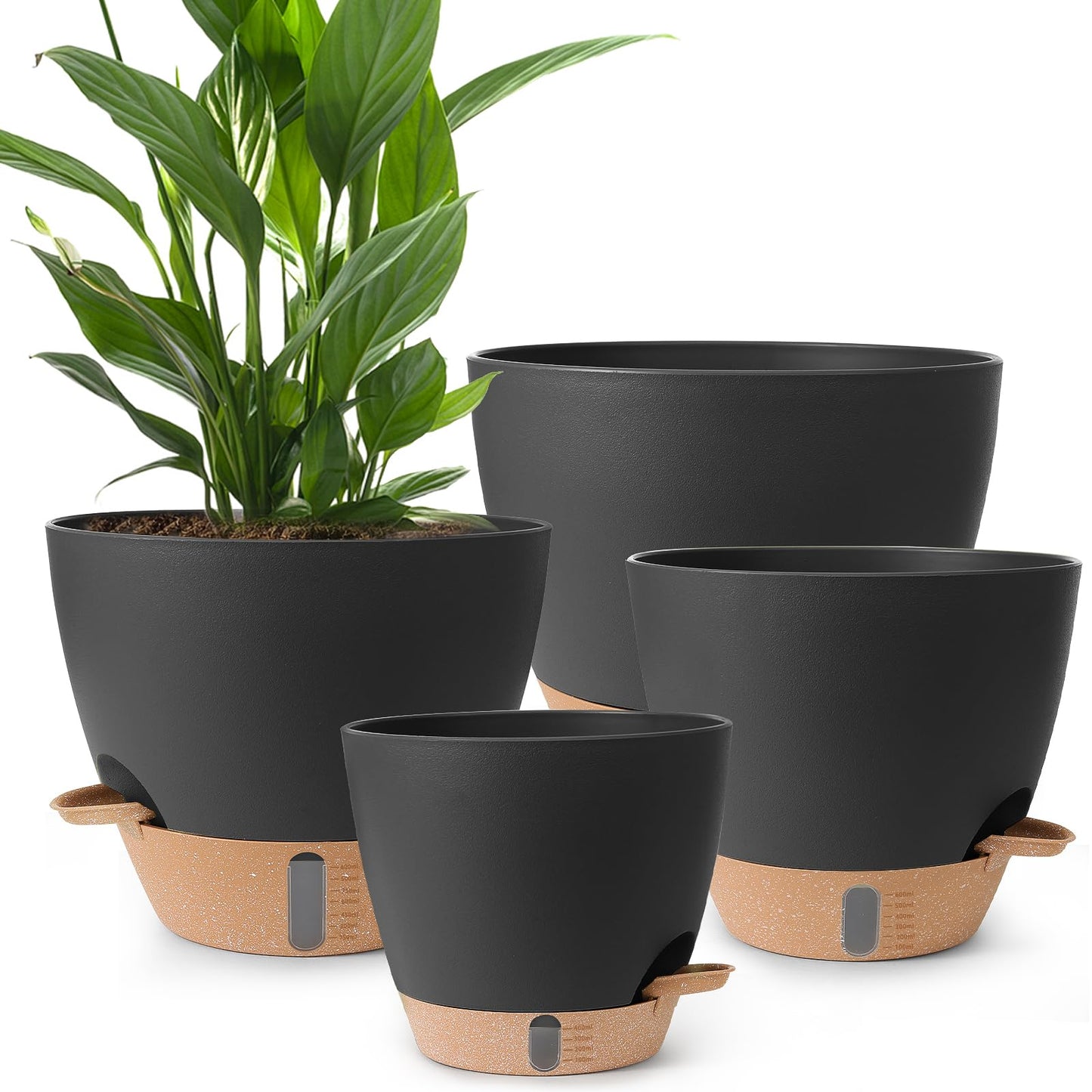 WEICHENGXING Plant Pots,12/10/9/8/ Inch Large Plastic Self Watering Flower Pots Indoor Outdoor with Drainage Holes, Deep Reservoir,Nursery Planting Pot for Indoor Out Door Plants Black
