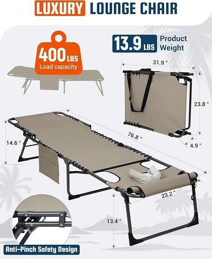 KingCamp Tanning Chair with Face Hole, Lounge Chairs Outdoor Folding Comfy