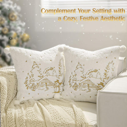 Lewondr Throw Pillow Cover, 18x18 Inch Set of 2 Soft Faux Fur Decorative Pillow Cover with Plush Ball Cute Embroidered Tree House Snowman Throw Pillow Case for Bed Home Decor Living Room, White