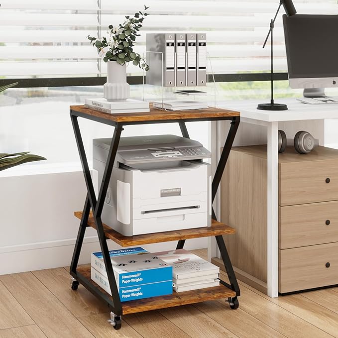Natwind 3 Tier Printer Stand, 19.7''x19.7'' Large Printer Table with Height Adjustable Shelf, Rolling Printer Cart with Wheels,Multifunctional Organizer Shelf for Home Office Kitchen（Retro）
