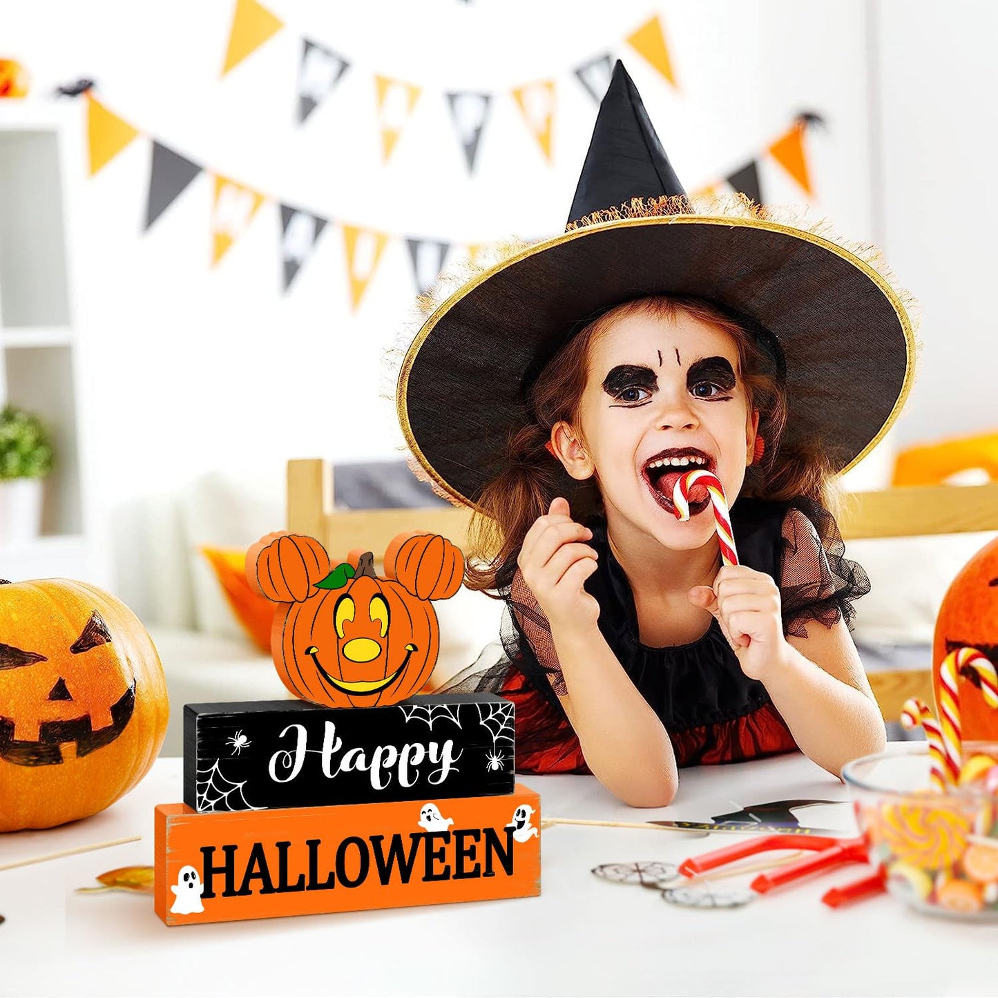 Halloween Mouse Wooden Table Signs Pumpkin Decor, 3PCS Happy Halloween Freestanding Rustic Tabletop Decorative Signs, Halloween 3-Layered Tiered Tray Blocks Centerpiece Indoor Home Decorations