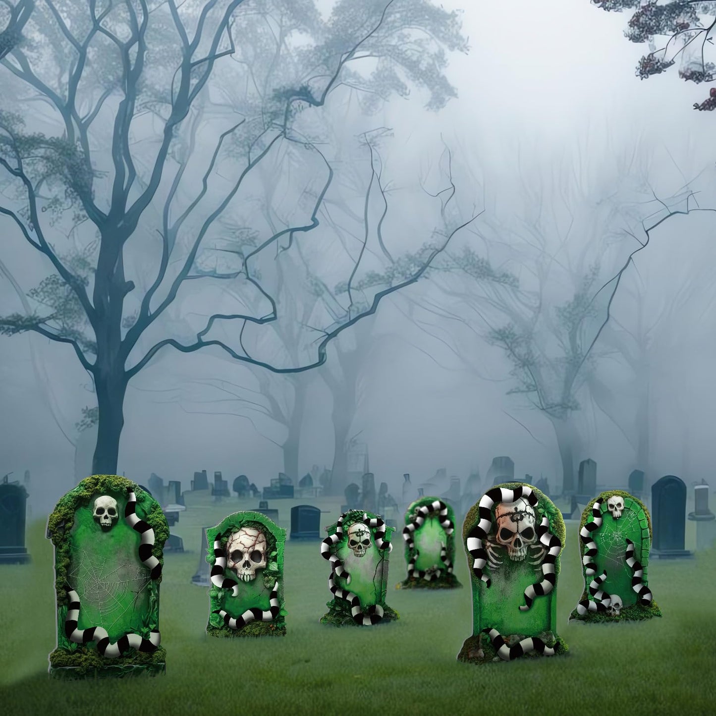 DoubleFill 6 Pcs Halloween Tombstone Worm Yard Sign Halloween Decorations Outdoor Green and Black White Worm Gravestone with Stakes Waterproof Graveyard Lawn Yard Sign for Haunted Garden Decor