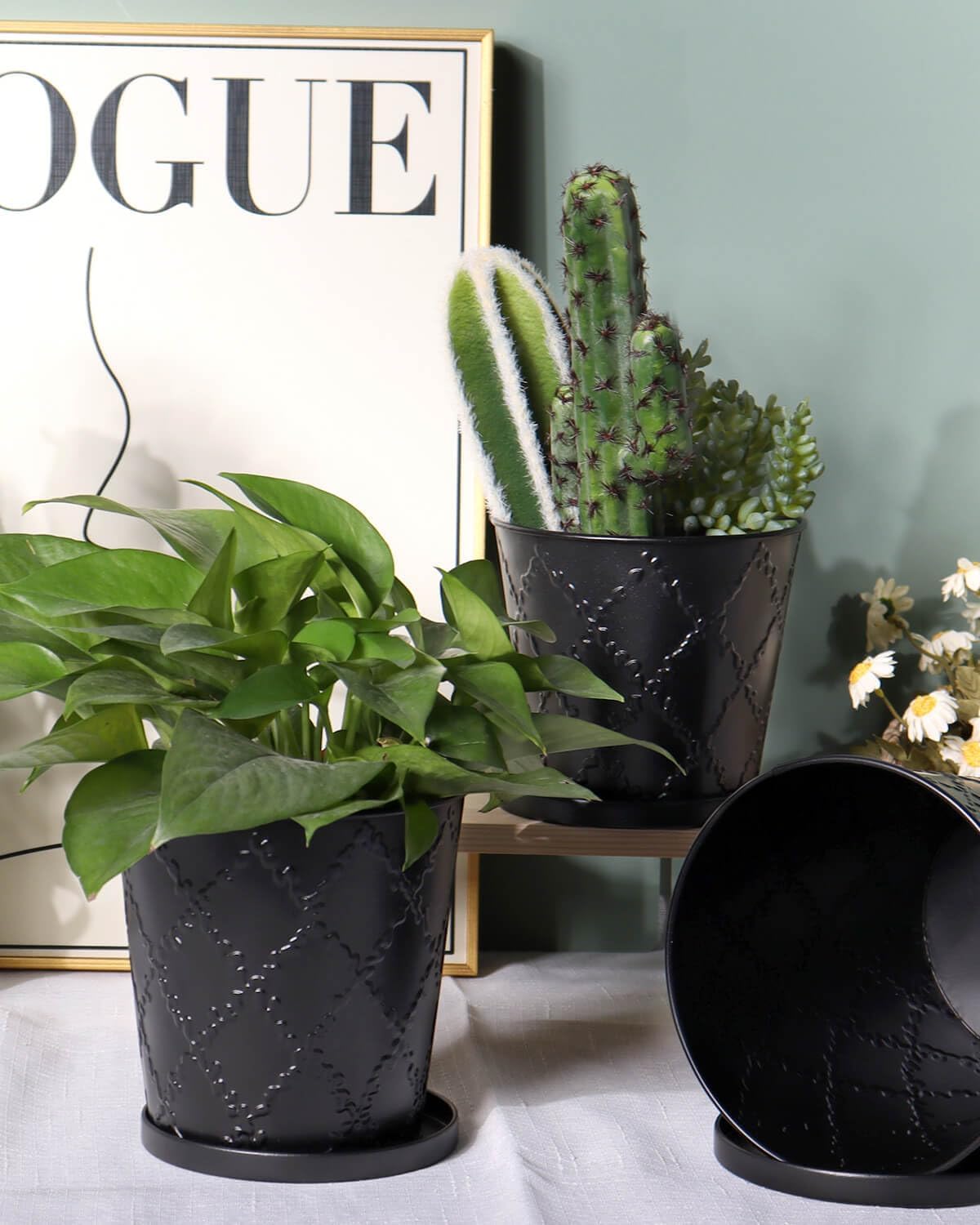 vensovo Black Galvanized Planters - 3 Pack Metal Pot with Drainage & Saucers – Rustic Tin Herb Pots for Indoor/Outdoor Plants – Farmhouse Flower Buckets for Wedding or Home Decor