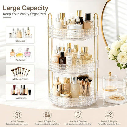 Fangoo 3 Tiers Clear Rotating Makeup Organizer for Vanity, 360 Spinning Skincare Organizers for Dresser Perfume Organizer Large Skincare Make up Storage Cosmetic Organizer for Bathroom Countertop