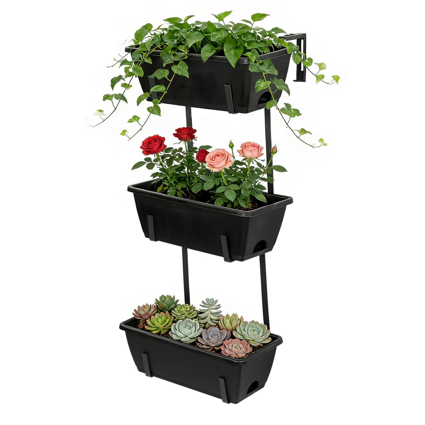 OYEAL Railing Planter Box 3 Tier Vertical Window Boxes Planter Outdoor with Adjustable Brackets & Rectangular Flower Pots Deck Railing Hanging Flower Pots for Patio, Lawn, Porch, Balcony Decor, Black