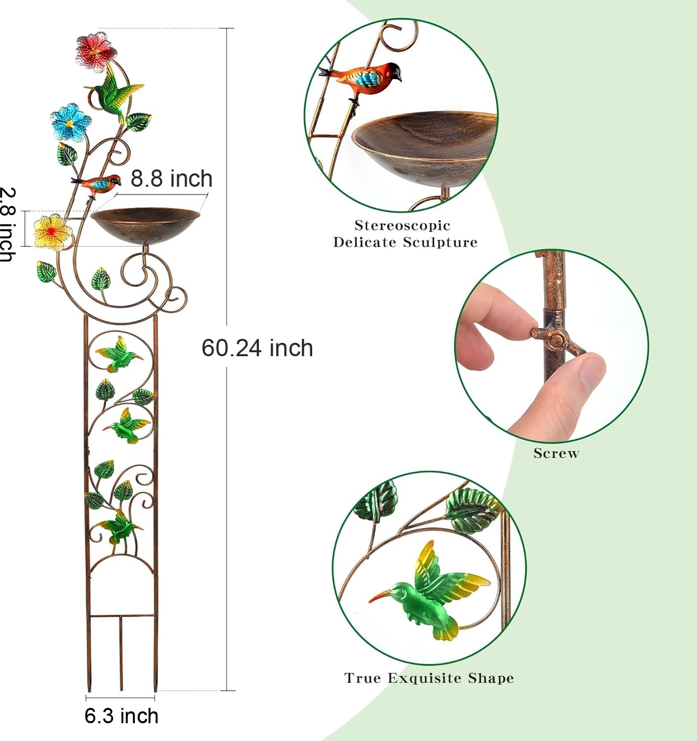 YADOOLIFE 57” Bird Bath with Garden Trellis for Climbing Plants Outdoor, Small Decorative Trellises Metal Birdbath Bird Baths, 1 Piece (Hummingbird)