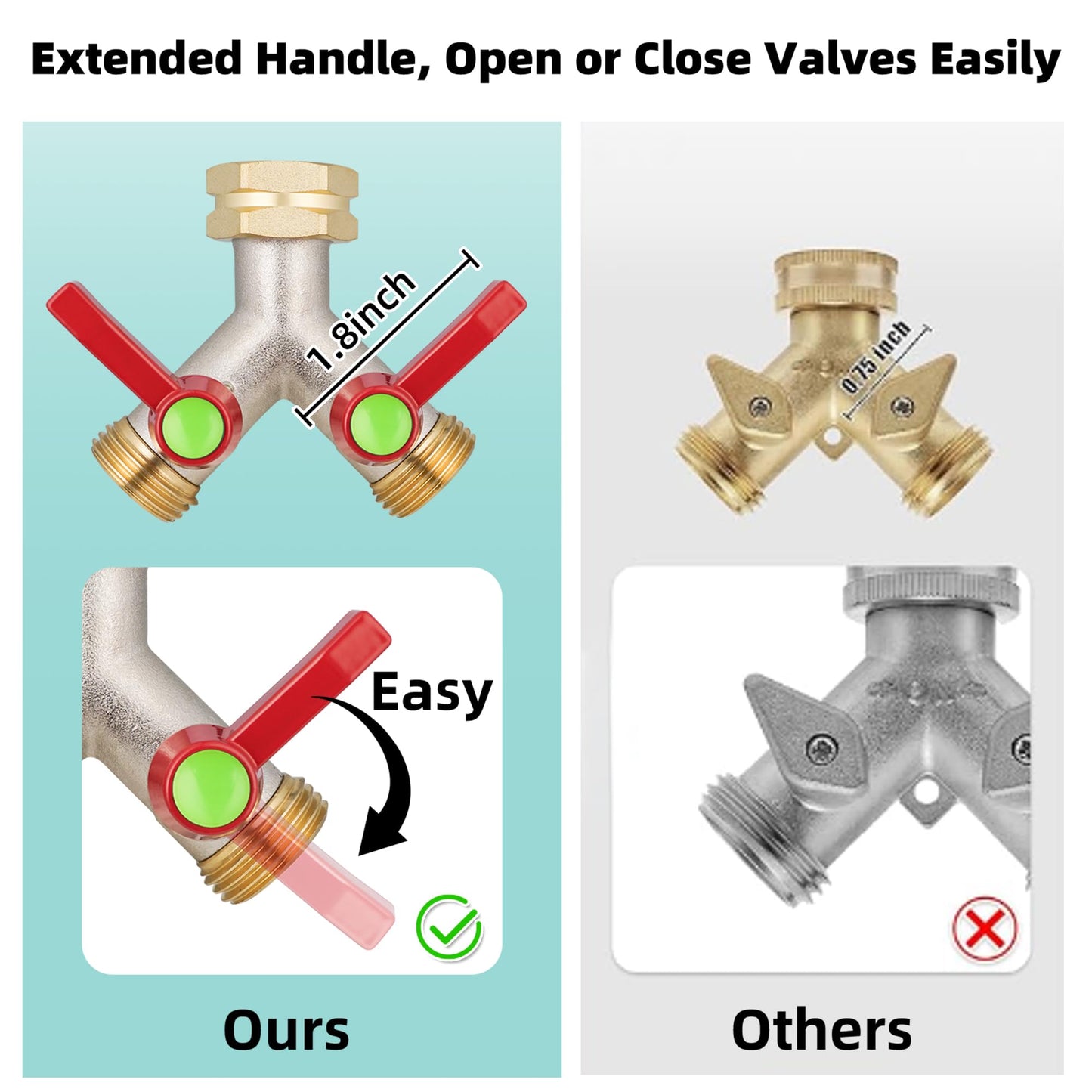 DINGBAI Garden Hose Splitter 2 Way,High flow Hose Splitters, Y Splitter 2 Valves, Faucet Splitter, Full Flow 2 Way Heavy Duty Brass Splitter, Outdoor Faucet Diverter, 2 Way Y Valve 3/4" GHT Thread.