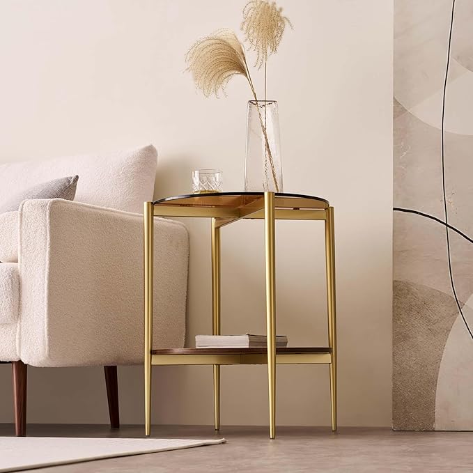 LumFurn Round Glass End Table, Mid-Century Modern Design Sofa Table