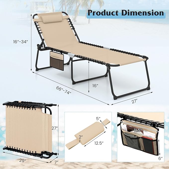 GYMAX Lounge Chair for Outside, 440lbs 27” Oversize Folding Beach Tanning
