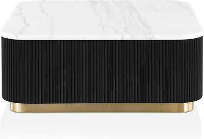 Furniture of America Beryl Modern Square White Genuine Marble Top Coffee Table with Fluted Pedestal Base and Gold Stainless Steel Accent, Low Profile Table for Living Room, Home Office, Black