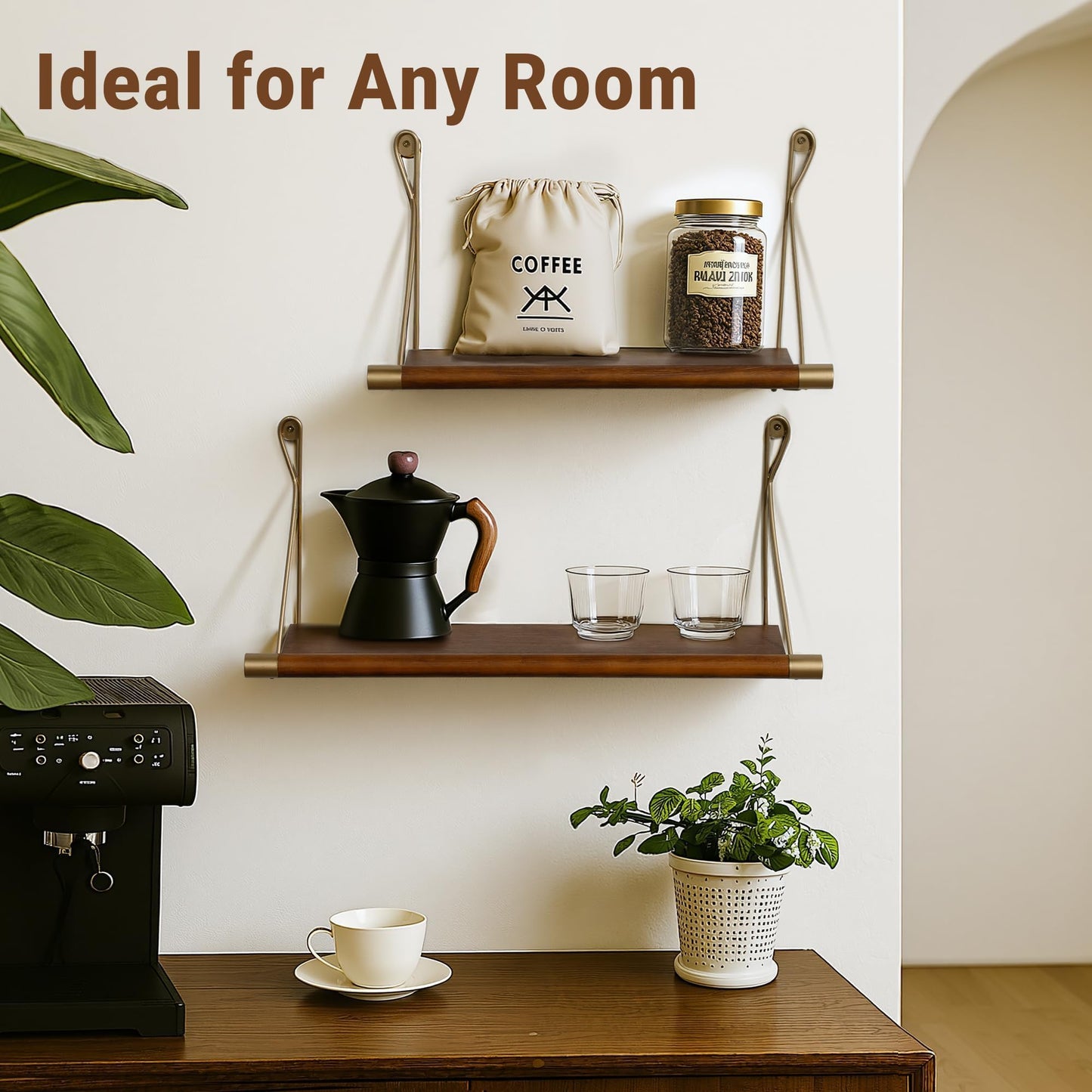 Afuly Mid Century Modern Decor Walnut Floating Shelves for Wall Mounted Shelf Unit Solid Wood Rustic Decorative Shelving Living Room Bedroom Coffee Bar Bathroom Display Plant Photo 24in&20in