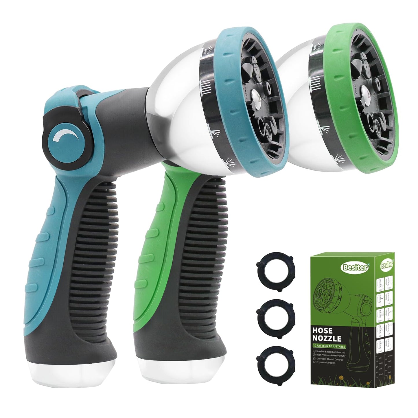 Besiter Garden Hose Nozzle Sprayer: 2 Pack 10 Watering Patterns Spray Nozzles Heavy Duty Metal Hose Head Hose Attachment, Thumb Control On Off Valve