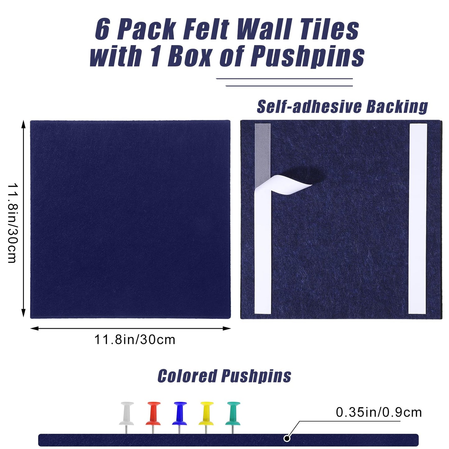 Large Cork Board 36" x 24", 6 Pack Felt Bulletin Board with 30 Pushpins, Cork Boards Alternative with Self-Adhesive Strips, Felt Wall Tiles Pin Boards for Walls Office Home School Decor-Dark Blue