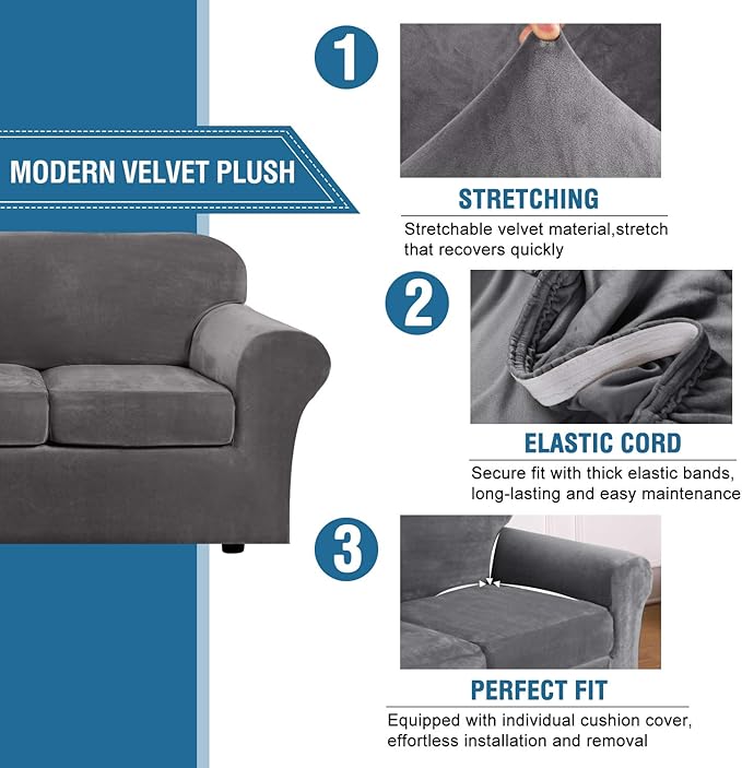 H.VERSAILTEX Real Velvet Plush 3 Piece Stretch Sofa Covers Couch Covers