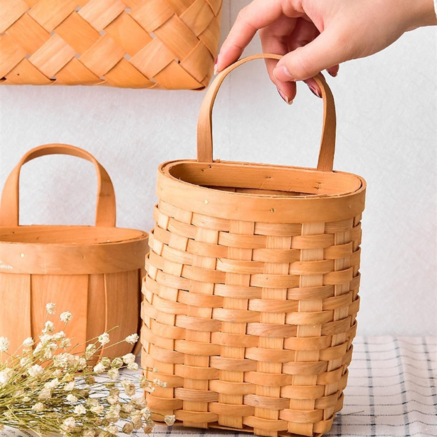 Hanging Basket Hanging Wicker Baskets, Hand-Woven Wood Storage Basket Portable Wall Hanging Flower Basket Organizer Fruit Vegetable Rattan Storage Holder Basket Container Home Decoration