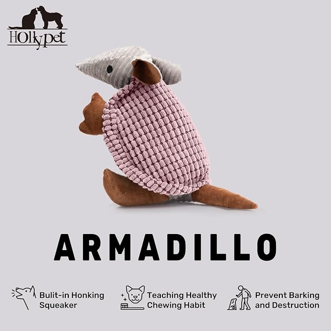 Hollypet Plush Dog Squeaky Toy Stuffed Armadillo Animal Pet Puppy Chew Toys with Clean Teeth for Small Medium Large All Breed Sizes Dogs, Pink, 14 in