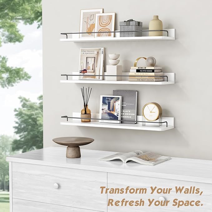 Forbena Floating Shelves for Wall 24 Inches Long, Modern White Wall Shelving