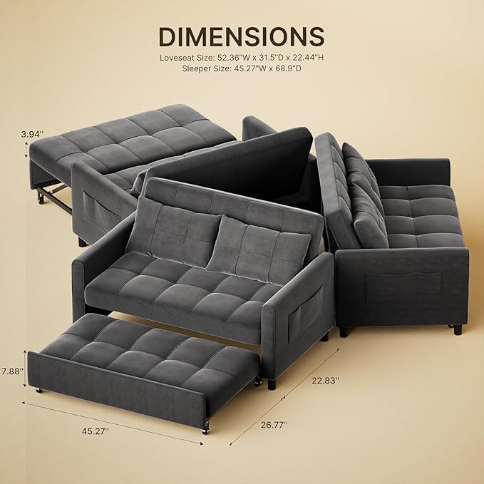 Gizoon 3 in 1 Velvet Sleeper Sofa Bed, 52 Inch 2-Seat Pull Out Couch