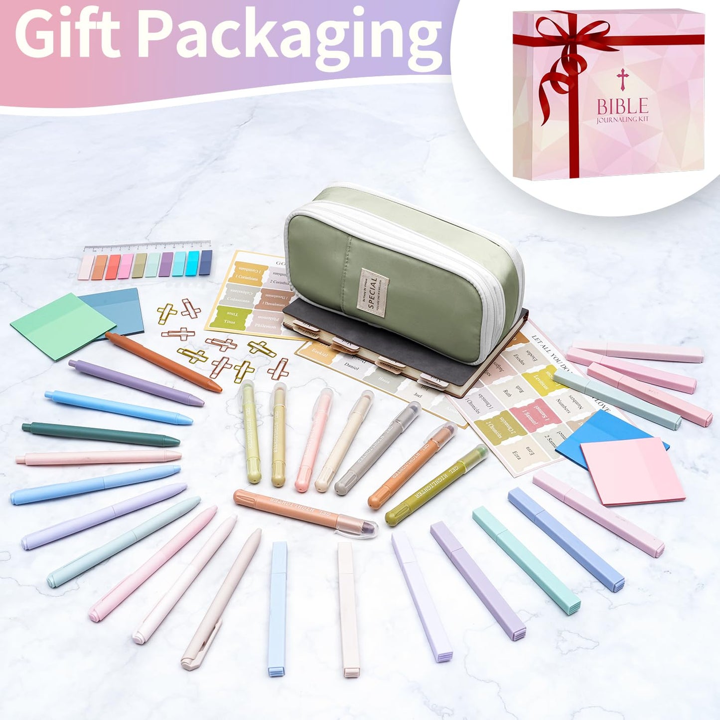 KOPKOFT Bible Study Supplies, Bible Journaling Kit for Women with Journal, Pen Case, Tabs, Highlighters and Pens, Bible Accessories Set for Women Students Beginner, Christian Gifts (Green)
