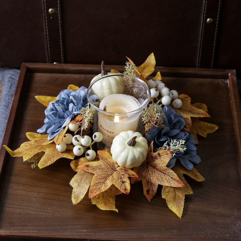 Thanksgiving Fall Candle Ring Holder Artificial Pumpkin Berries Maple Leaves Dahlia Flowers Candle Ring Wreath for Autumn Wedding Harvest Table Centerpiece Decor Supplies (Blue)